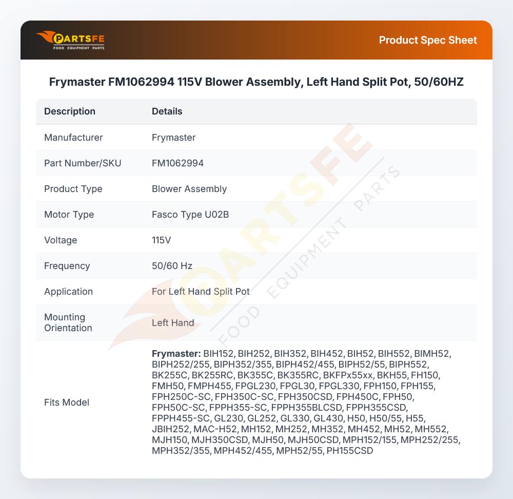 Frymaster FM1062994 Fryer Blower Assembly 115V 50/60Hz