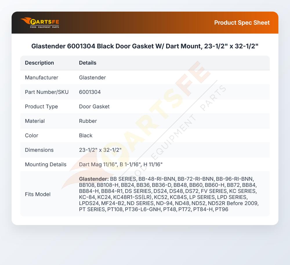 Glastender 6001304 Black Door Gasket W/ Dart Mount, 23-1/2" x 32-1/2"