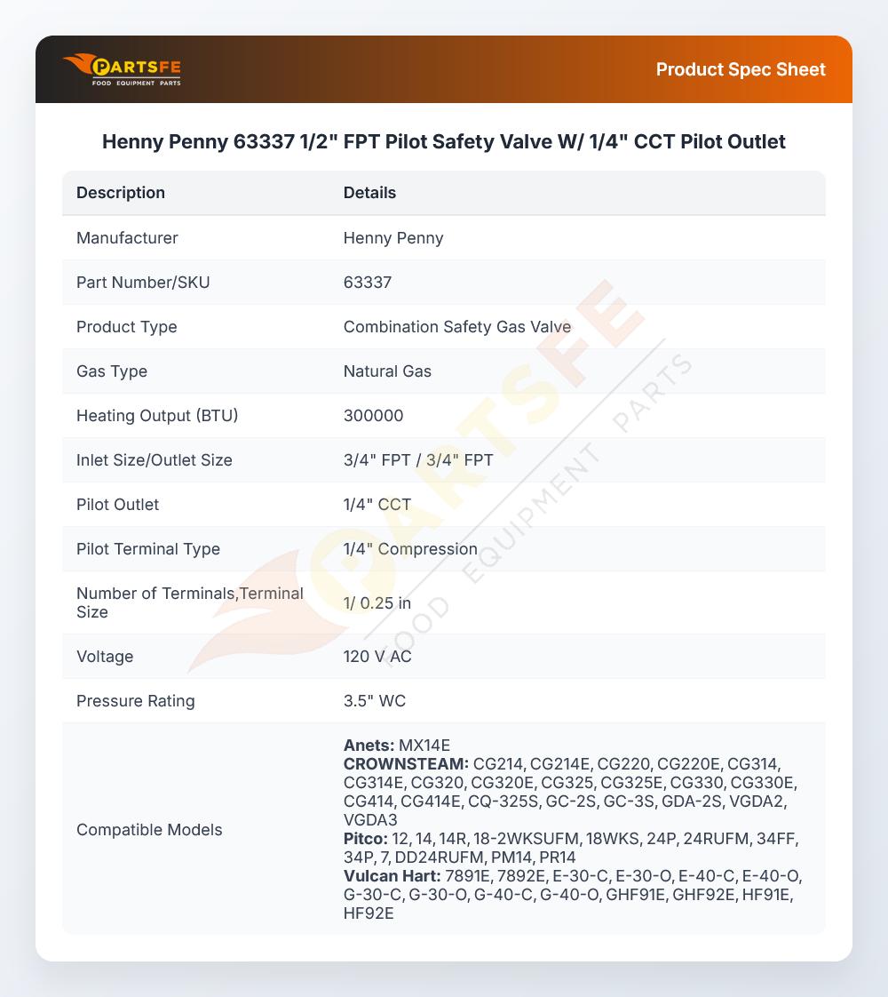 Henny Penny 63337 Pilot Safety Valve W/1/4" CCT Outlet 1/2" FPT