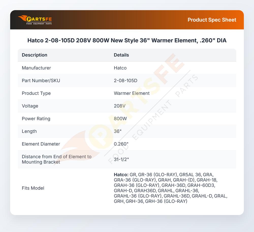 Hatco 2-08-105D 208V 800W New Style 36" Warmer Element, .260" DIA