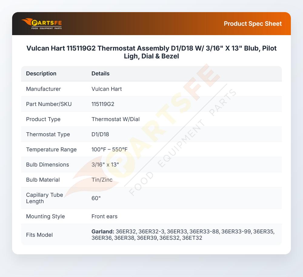 Vulcan Hart 115119G2 Thermostat Assembly D1/D18 W/ 3/16" X 13" Blub, Pilot Ligh, Dial & Bezel