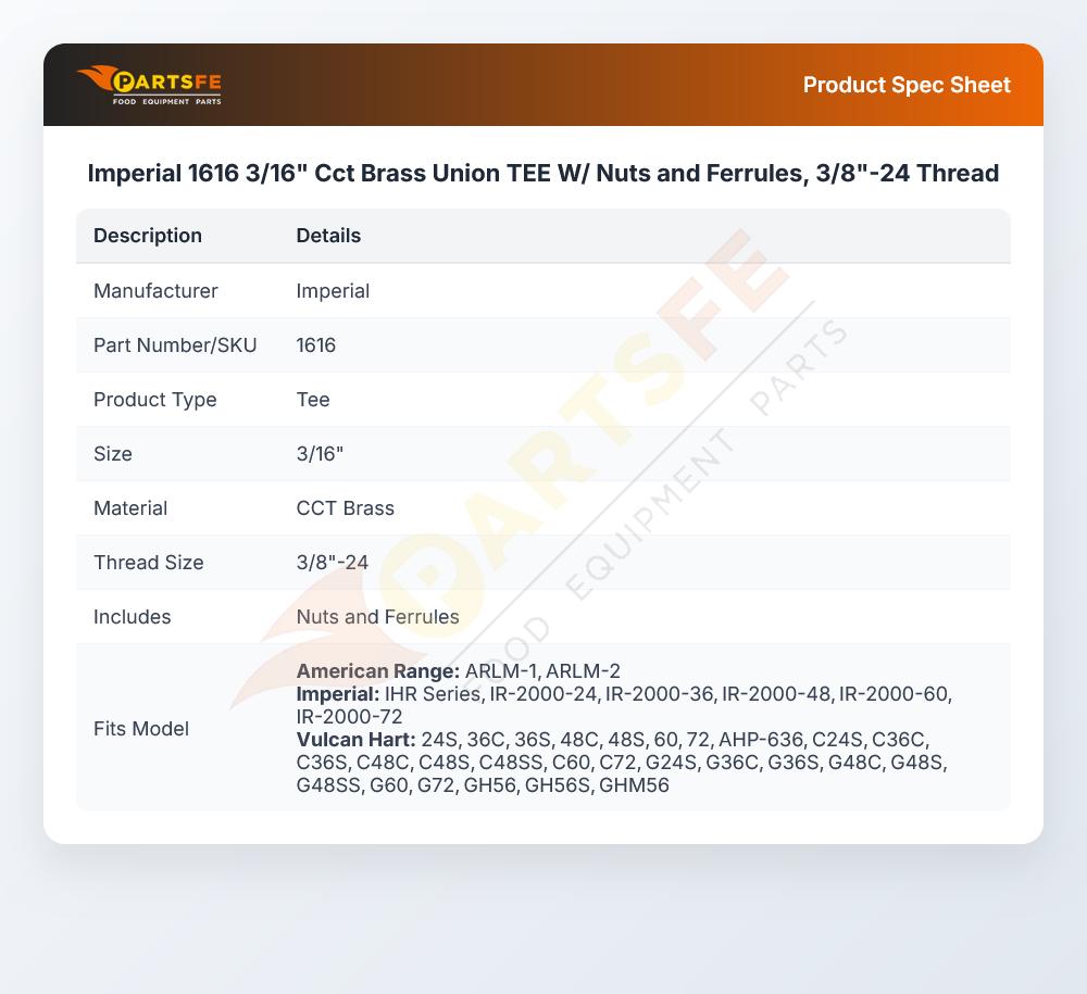 Imperial 1616 3/16" Cct Brass Union TEE W/ Nuts and Ferrules, 3/8"-24 Thread
