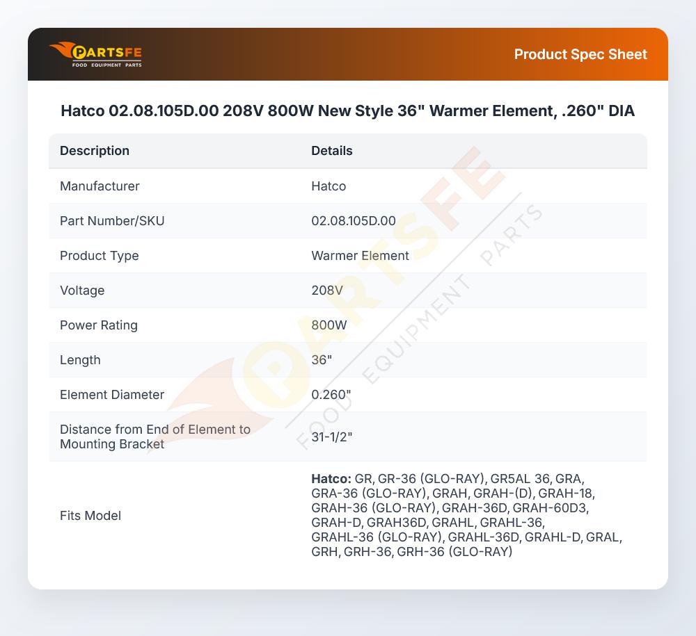 Hatco 02.08.105D.00 208V 800W New Style 36" Warmer Element, .260" DIA
