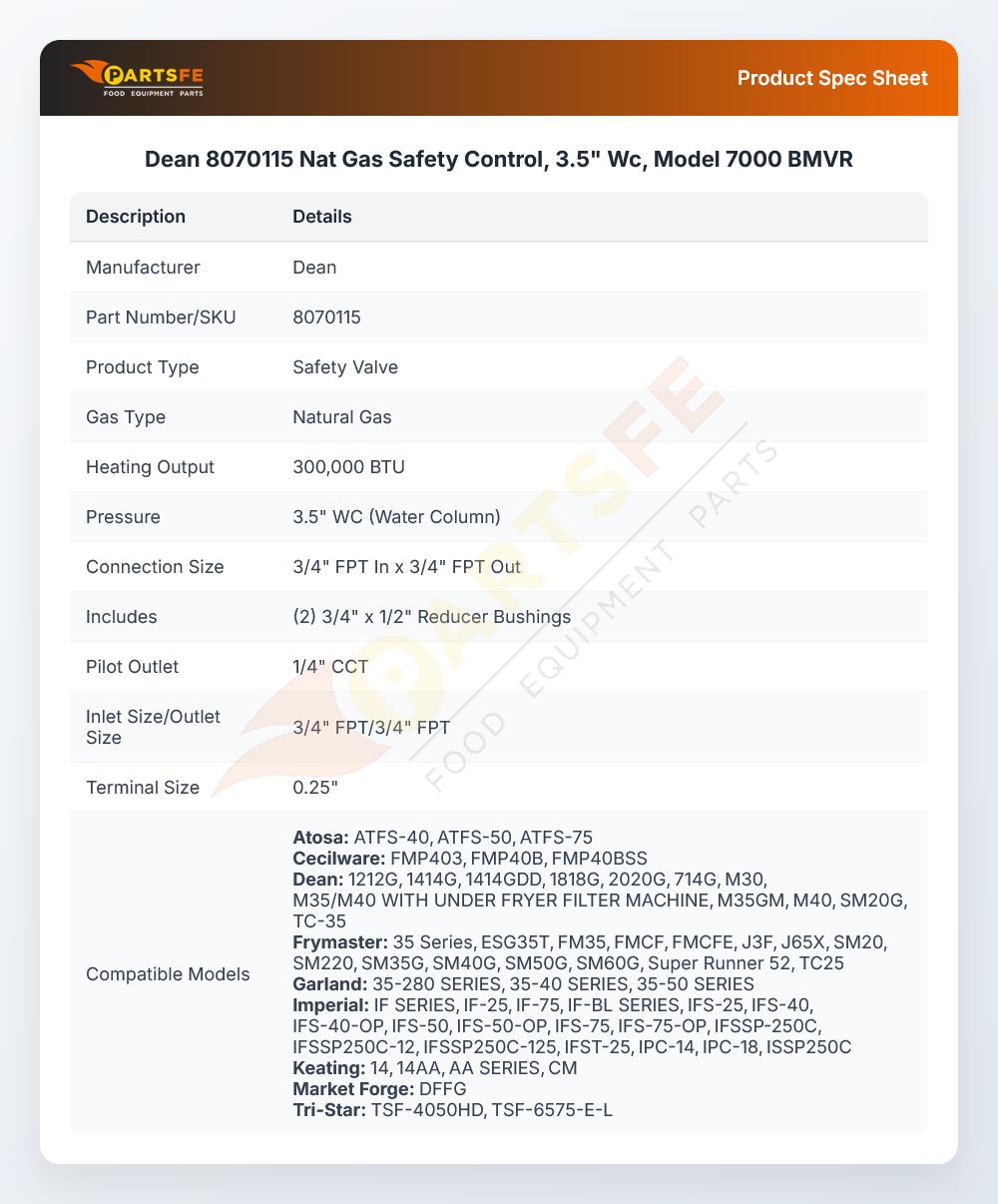 Dean 8070115 Natural Gas Safety Control Valve 3.5" WC Model 7000BMVR