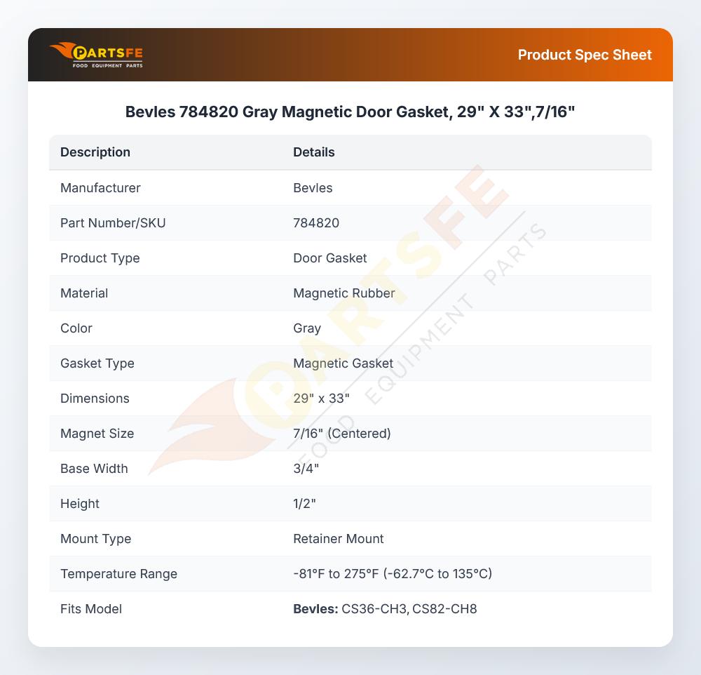 Bevles 784820 Gray Magnetic Door Gasket, 29" X 33",7/16"