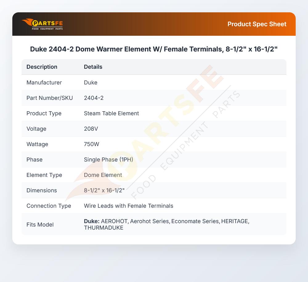 Duke 2404-2 Dome Warmer Element W/ Female Terminals, 8-1/2" x 16-1/2"