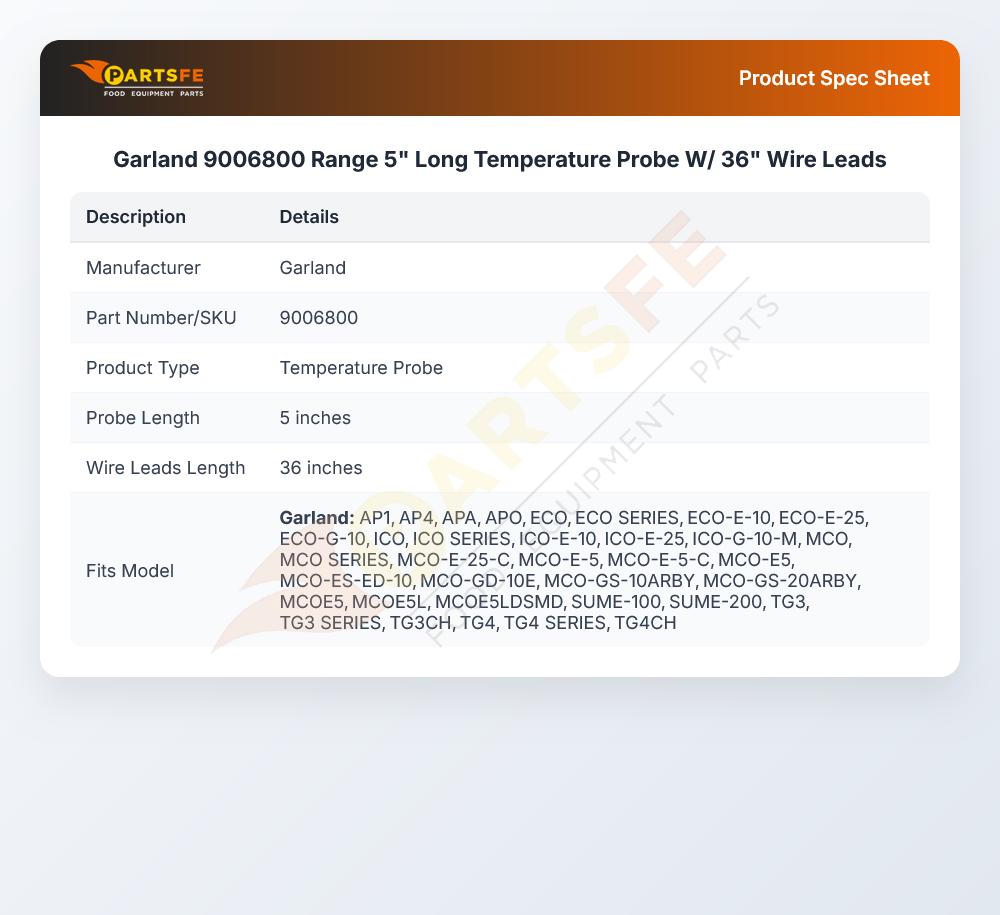 Garland 9006800 Range 5" Long Temperature Probe W/ 36" Wire Leads