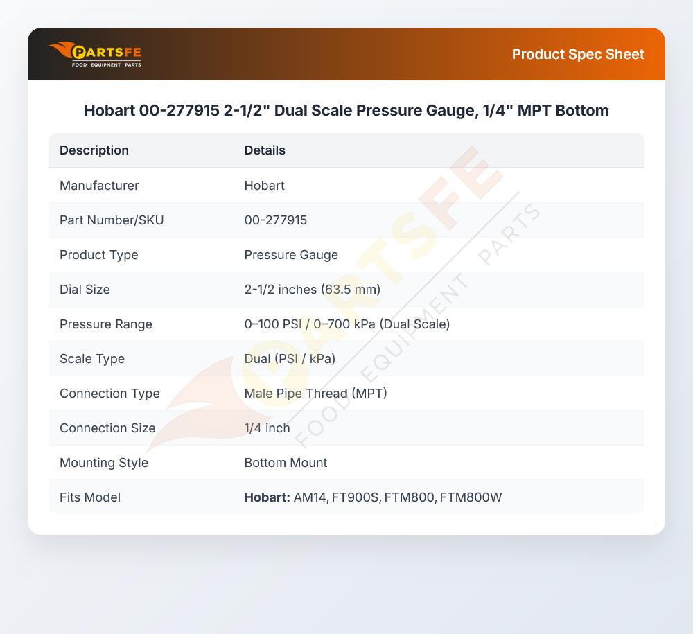 Hobart 00-277915 2-1/2" Dual Scale Pressure Gauge, 1/4" MPT Bottom