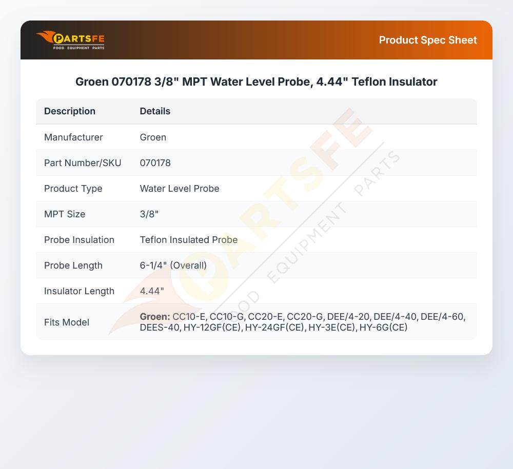 Groen 070178 3/8" MPT Water Level Probe, 4.44" Teflon Insulator