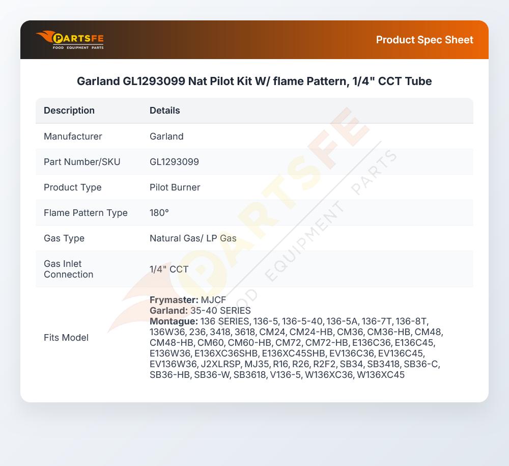 Garland GL1293099 Nat Pilot Kit W/ flame Pattern, 1/4" CCT Tube