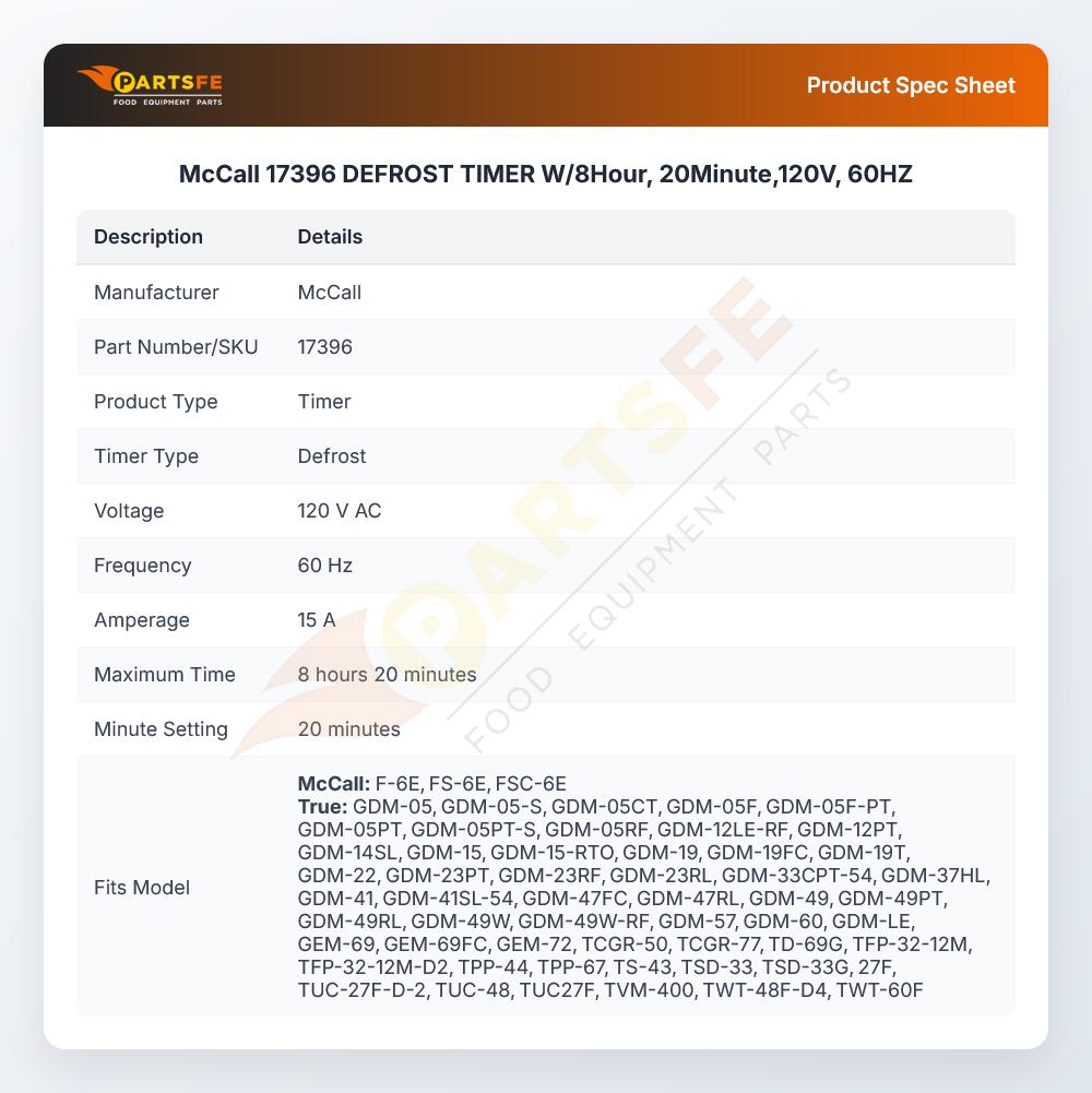McCall 17396 DEFROST TIMER W/8Hour, 20Minute,120V, 60HZ