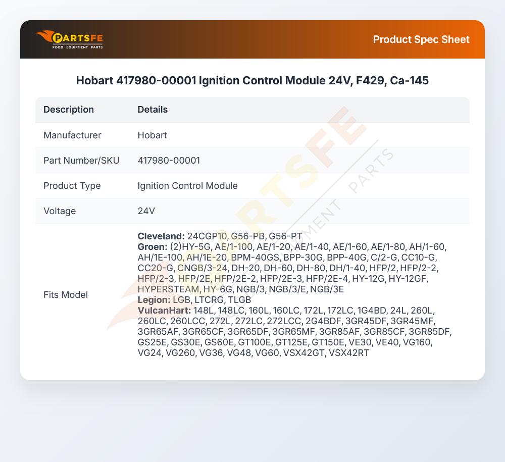 Hobart 417980-00001 Fryer Ignition Control Module 24V F429 CA-150