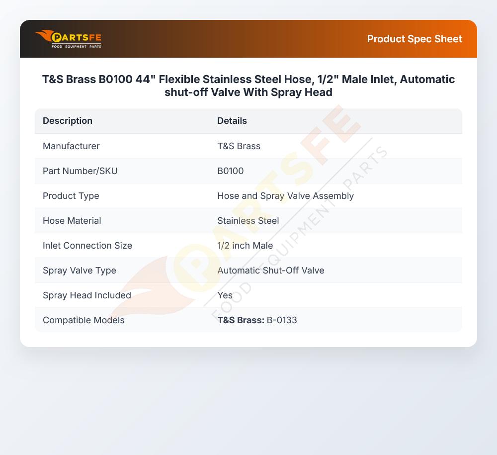T&S Brass B0100 Pre-rinse Spray Valve & Flex Hose 44" 1/2" NPT Male Inlet SS