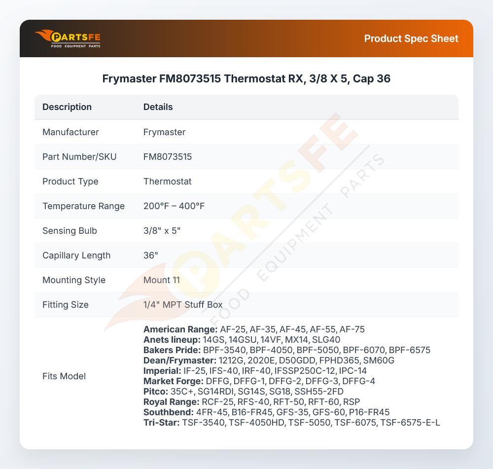 Frymaster FM8073515 Thermostat RX, 3/8 X 5, Cap 36
