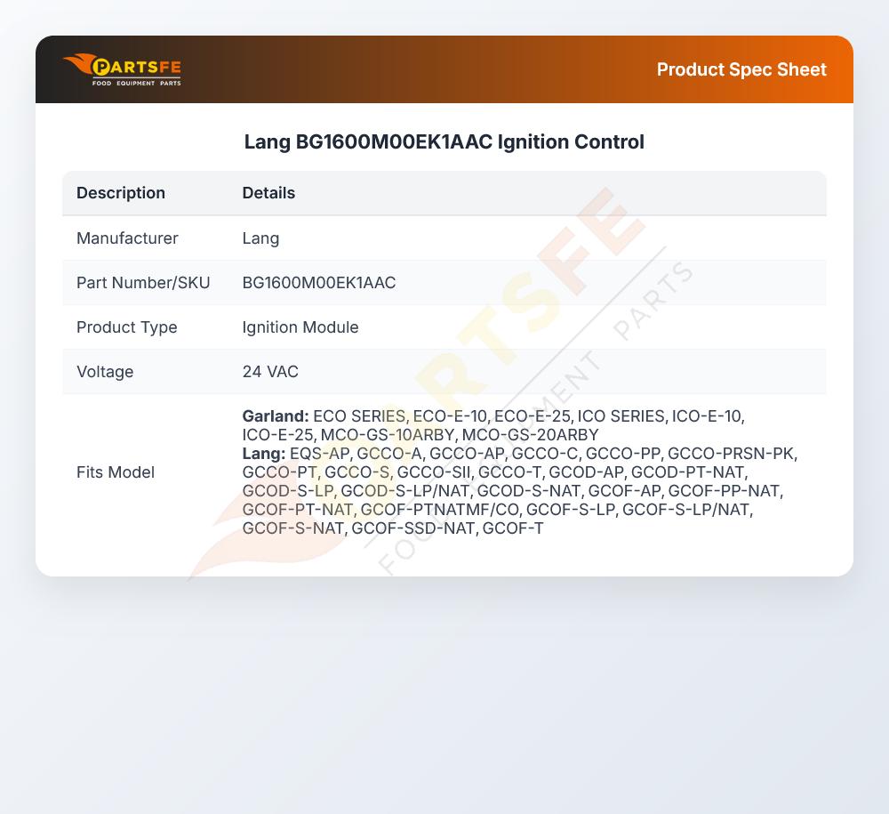 Lang BG1600M00EK1AAC Ignition Control