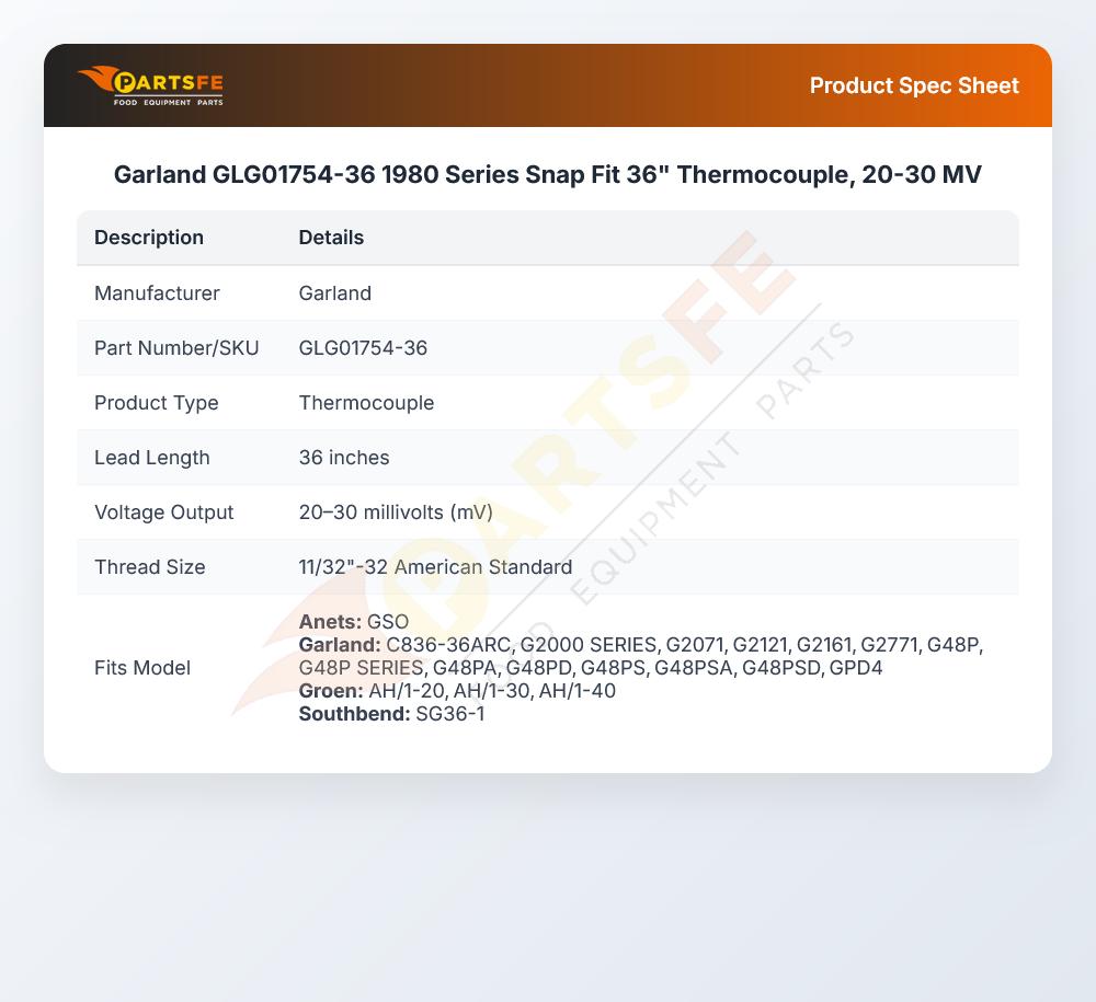 Garland GLG01754-36 1980 Series Snap Fit 36" Thermocouple, 20-30 MV