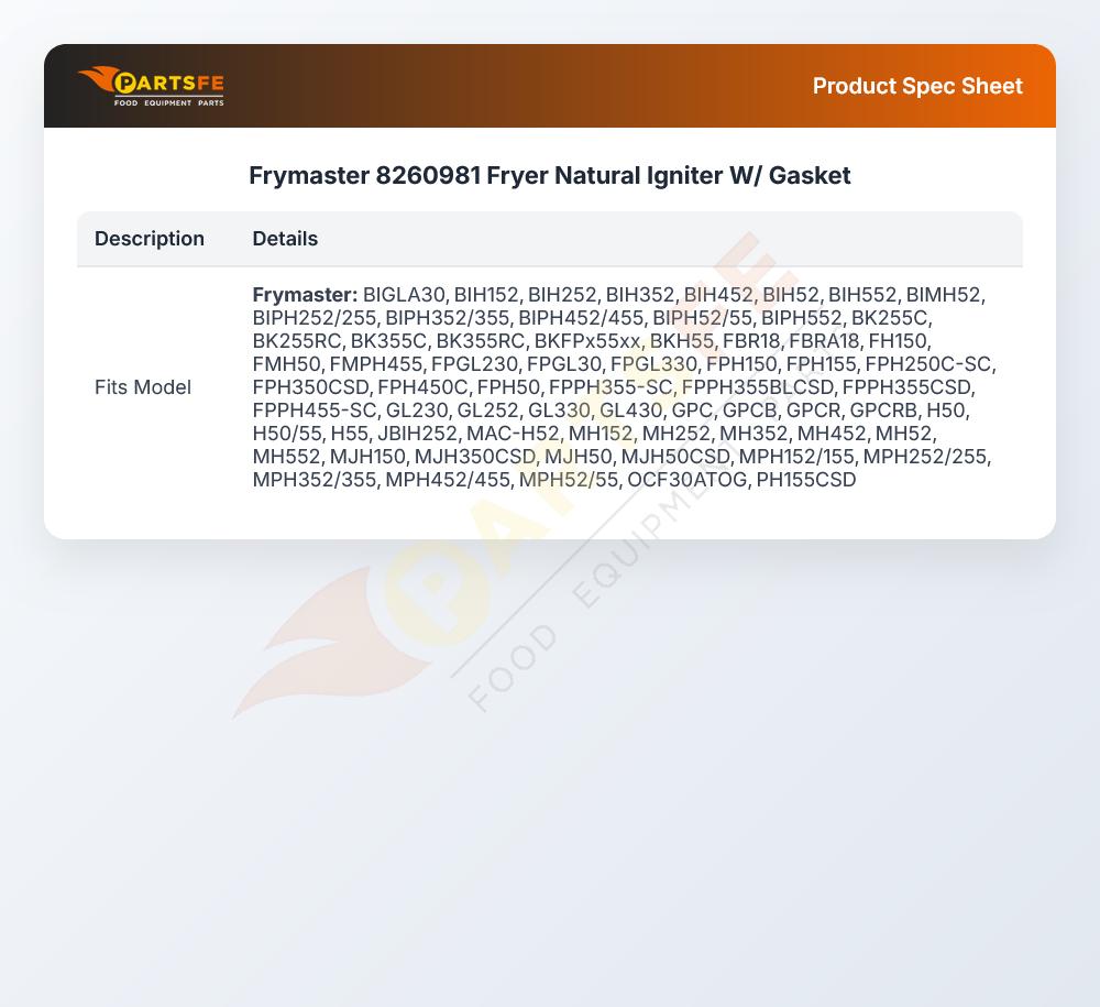 Frymaster 8260981 Fryer Natural Igniter W/Gasket