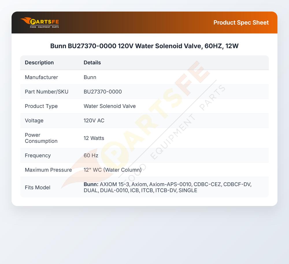 Bunn BU27370-0000 Water Solenoid Valve 60Hz 120V