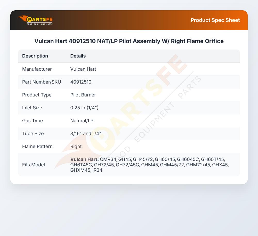 Vulcan Hart 40912510 NAT/LP Pilot  Assembly W/ Right Flame Orifice