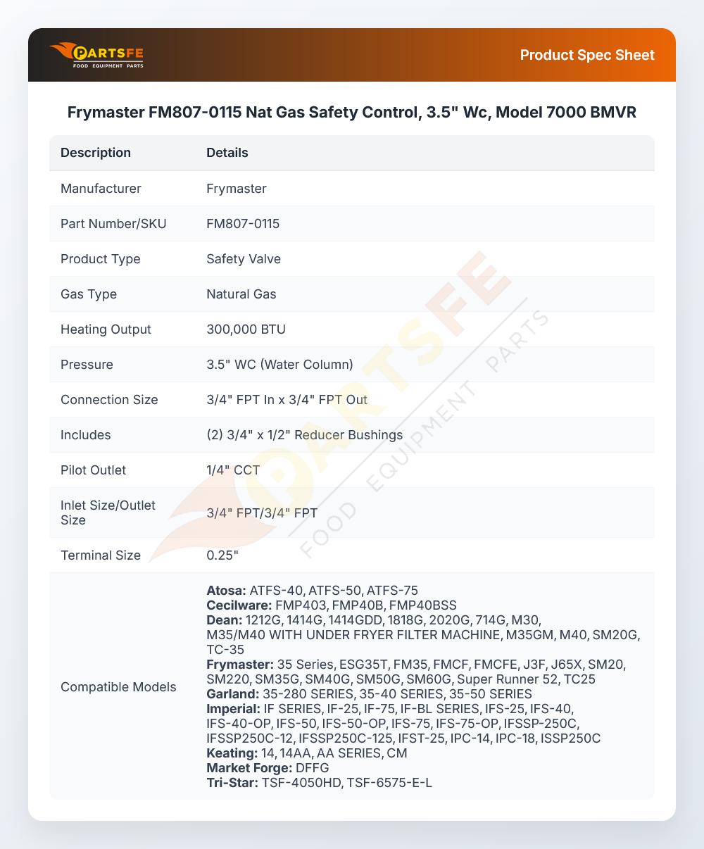 Frymaster FM807-0115 Natural Gas Safety Control Valve 3.5" WC Model 7000BMVR