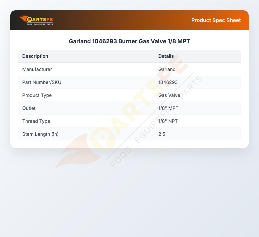 Garland 1046293 Burner Gas Valve 1/8 MPT