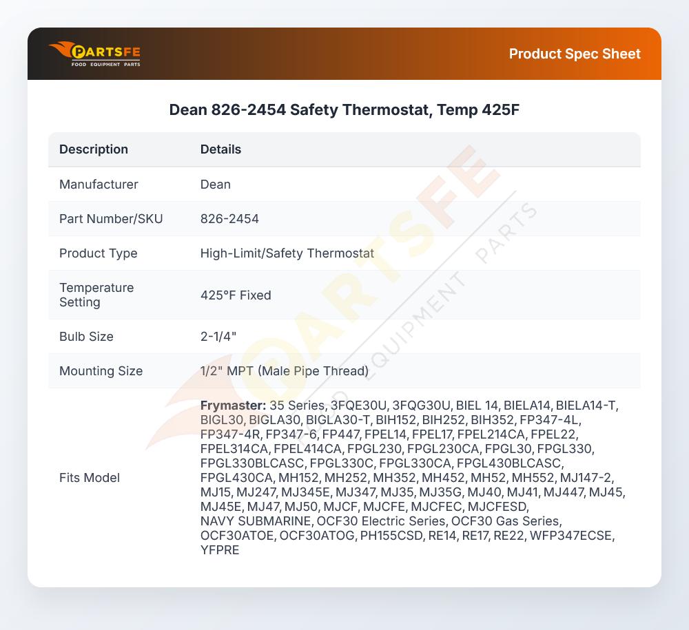 Dean 826-2454 Fryer High-Limit/Safety Thermostat Kit 425&deg;F 2-1/4" Bulb 1/2" MPT
