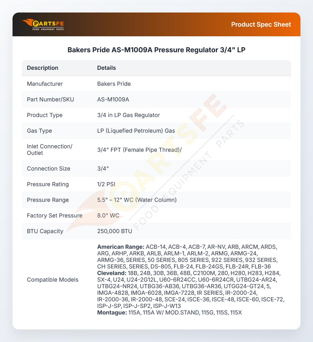 Bakers Pride AS-M1009A Pressure Regulator 3/4" LP