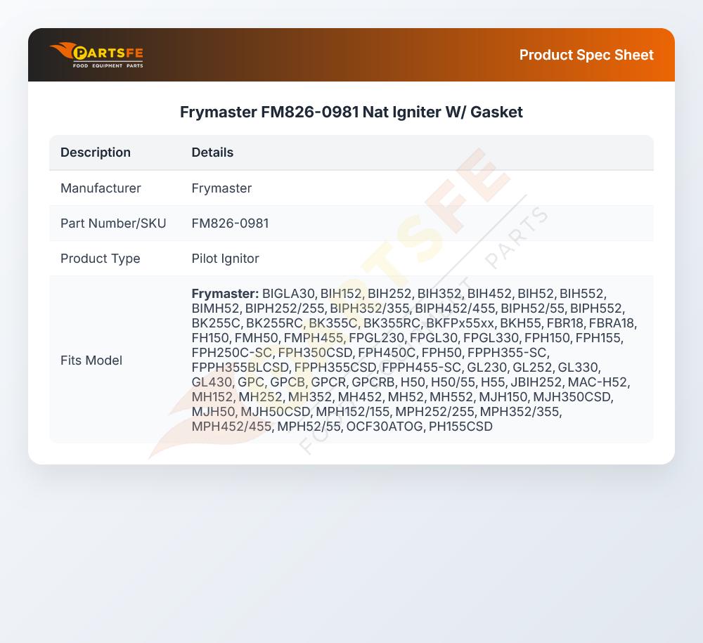 Frymaster FM826-0981 Natural Gas Ignitor W/Gasket