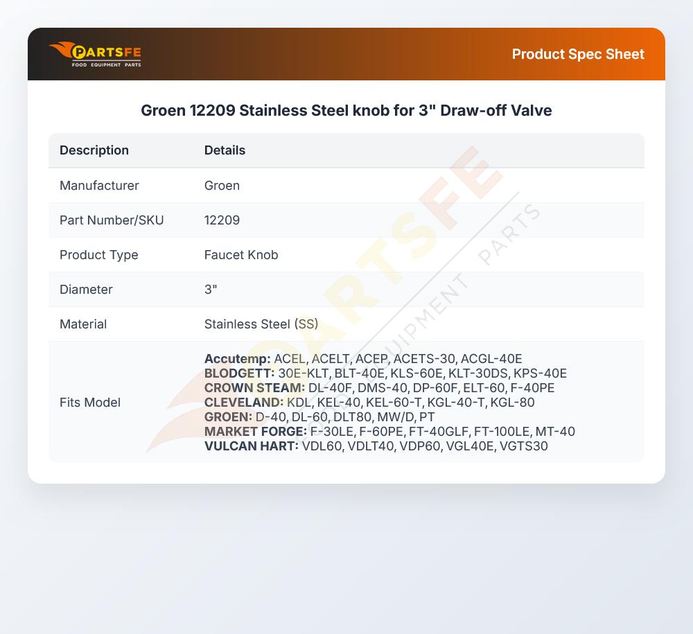 Groen 12209 Draw-off Valve Knob 3" Stainless Steel
