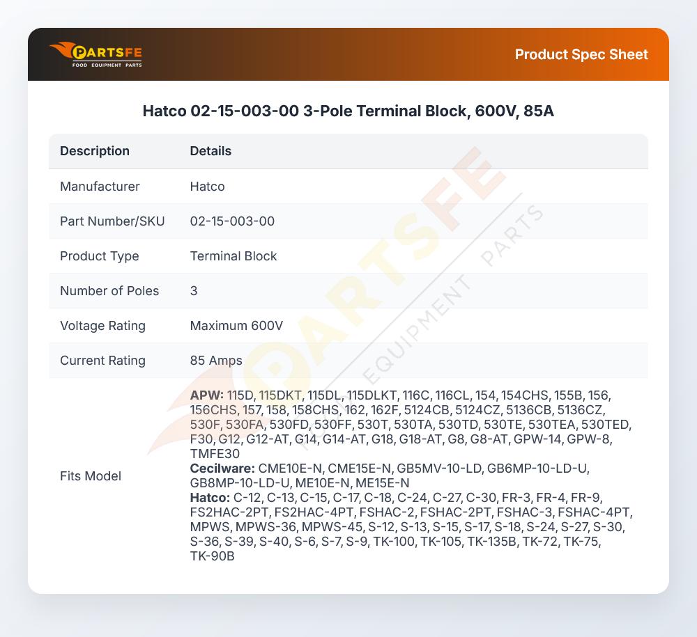 Hatco 02-15-003-00 3-Pole Terminal Block, 600V, 85A