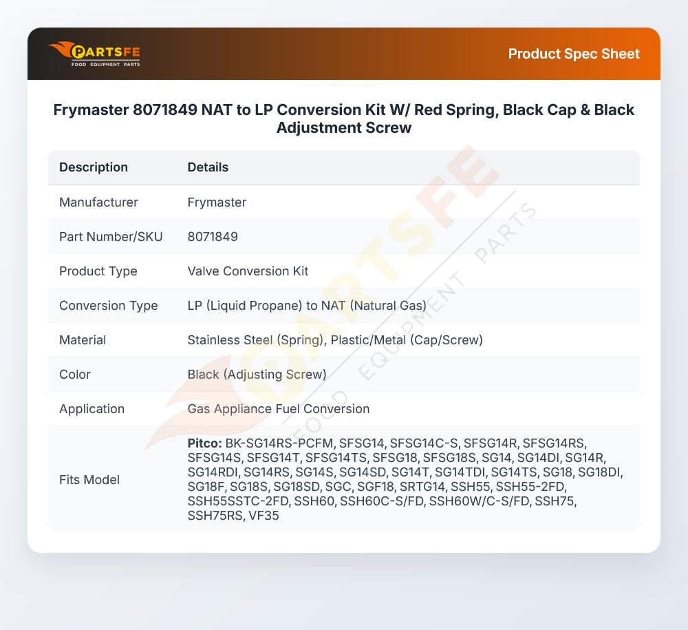 Frymaster 8071849 Propane to Natural Gas Conversion Kit
