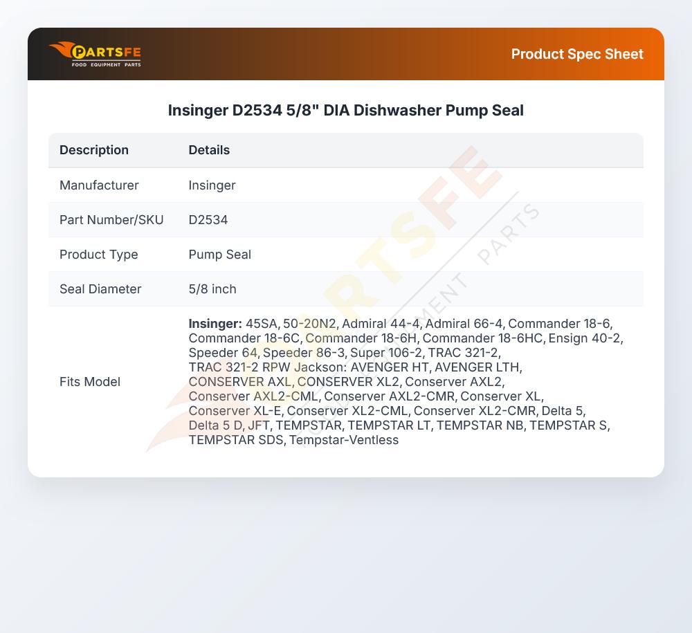 Insinger D2534 5/8" DIA Dishwasher Pump Seal