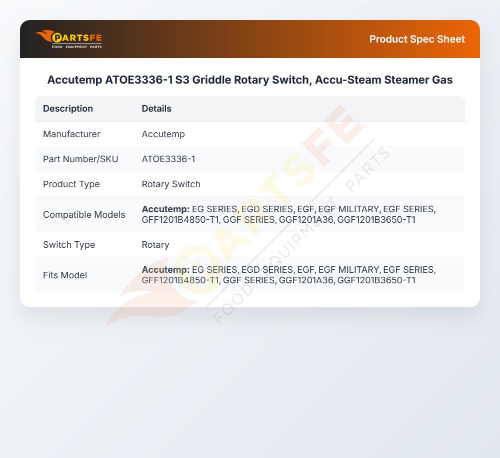 Accutemp ATOE3336-1 S3 Griddle Rotary Switch, Accu-Steam Steamer Gas