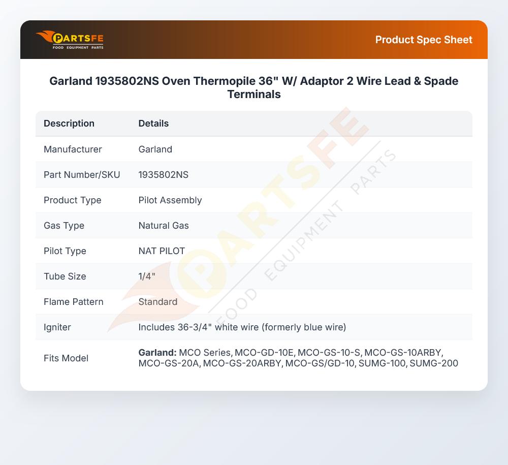 Garland 1935802NS Oven Thermopile 36" W/ Adaptor 2 Wire Lead & Spade Terminals