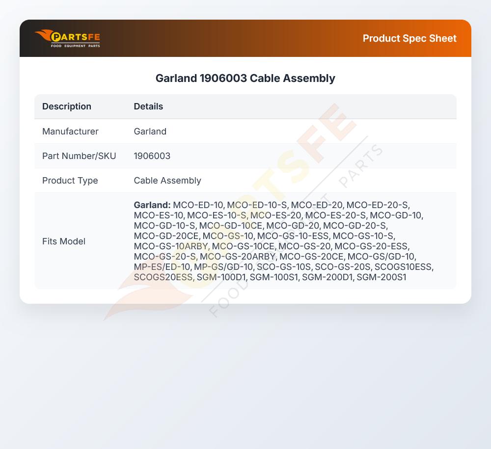 Garland 1906003 Cable Assembly
