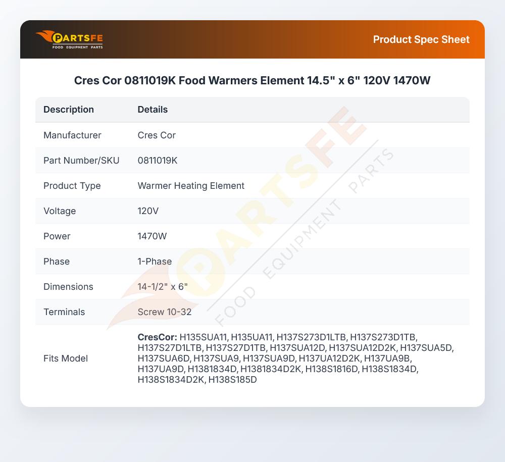 Cres Cor 0811019K Food Warmer Heater Kit 1470W 120V