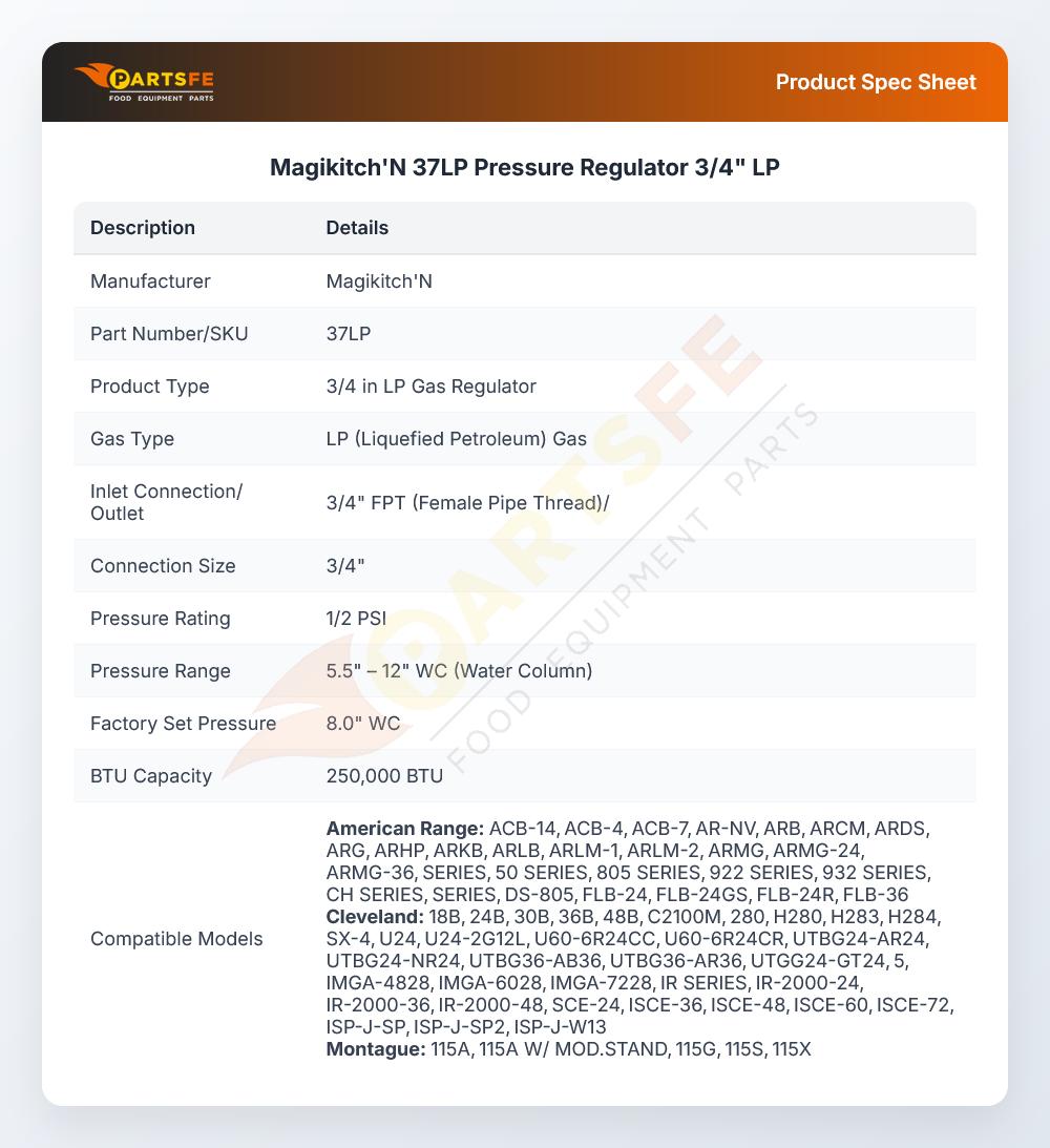 Magikitch'N 37LP Pressure Regulator 3/4" LP
