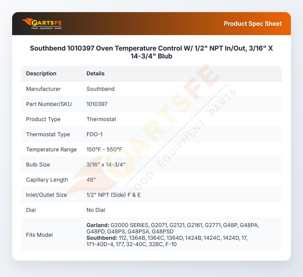 Southbend 1010397 Temperature Control Thermostat 1/2" NPT In/Out 3/16" X 14-3/4" 150&deg;F-550&deg;F FDO