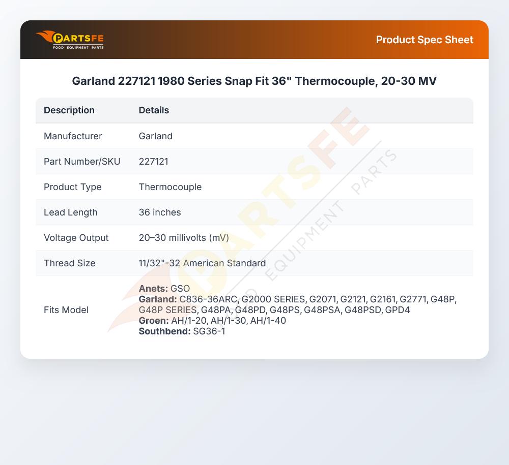Garland 227121 1980 Series Snap Fit 36" Thermocouple, 20-30 MV