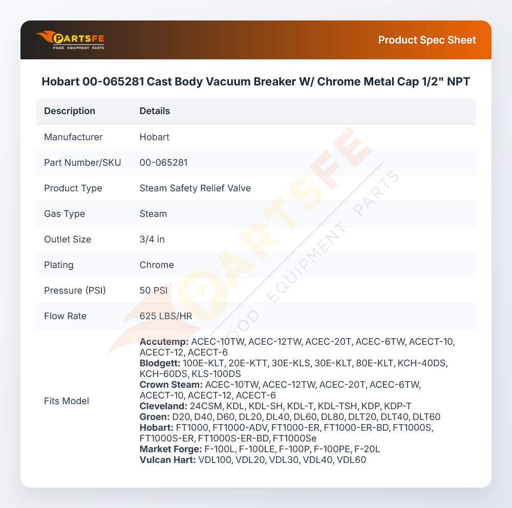 Hobart 00-065281 Cast Body Vacuum Breaker W/ Chrome Metal Cap 1/2" NPT