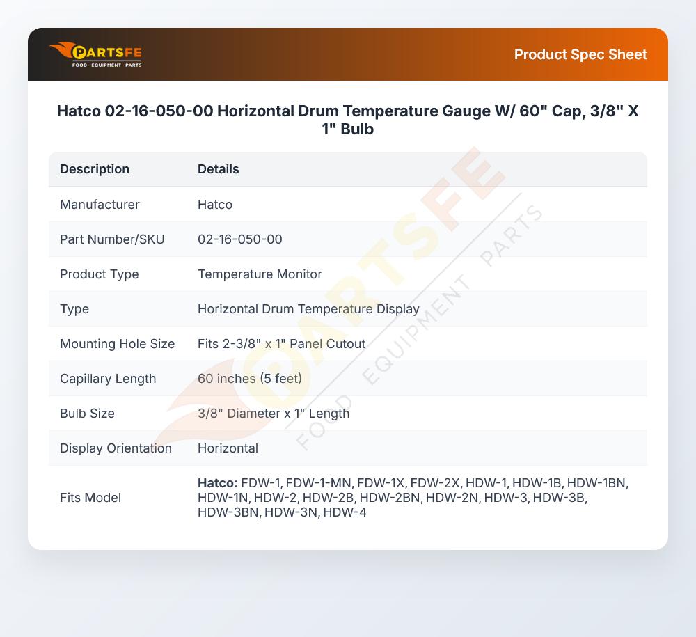 Hatco 02-16-050-00 Horizontal Drum Temperature Gauge W/ 60" Cap, 3/8" X 1" Bulb