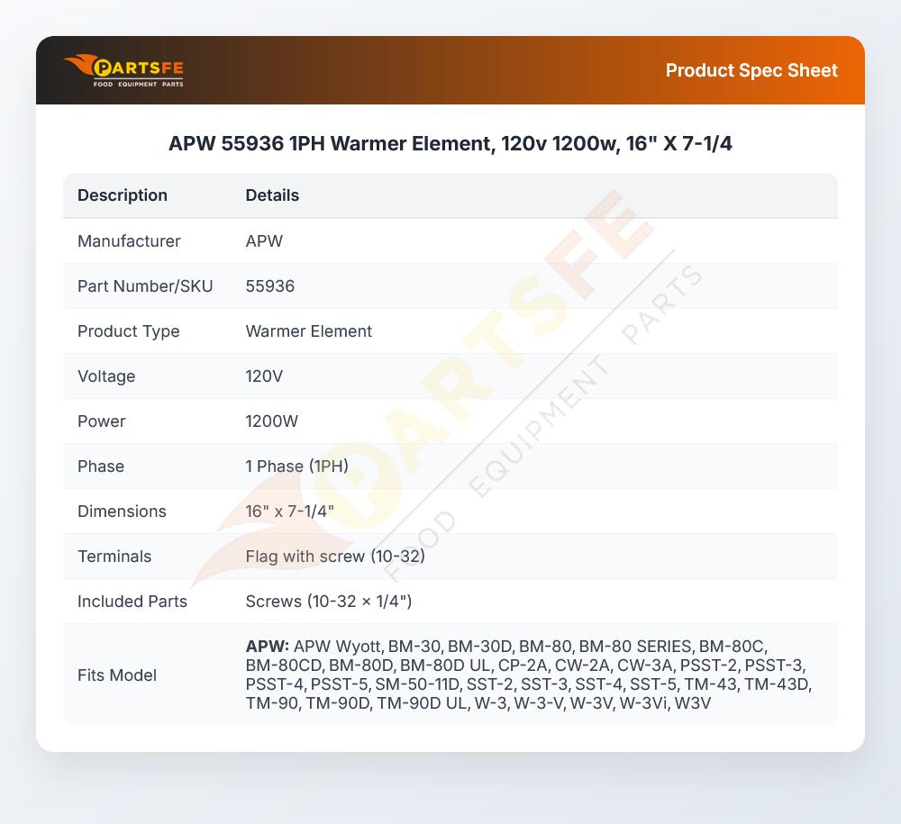 APW 55936 1PH Warmer Element, 120v  1200w, 16" X 7-1/4