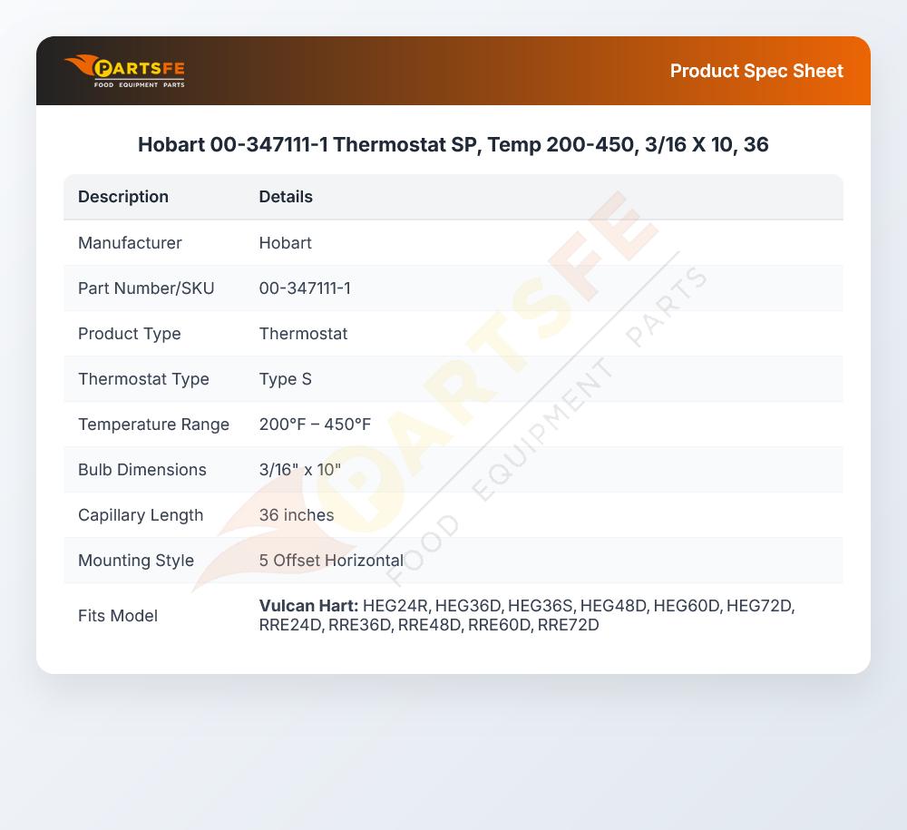 Hobart 00-347111-1 SP Thermostat 200-450&deg;F 3/16" x 10" Bulb 36" CAP