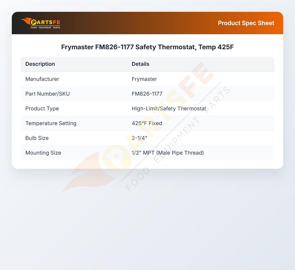 Frymaster FM826-1177 Fryer High-Limit/Safety Thermostat Kit 425&deg;F 2-1/4" Bulb 1/2" MPT