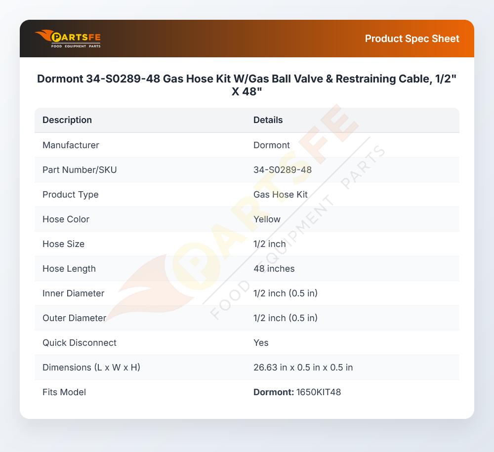 Dormont 34-S0289-48 Gas Hose Kit W/Ball Valve & Restraining Cable 1/2" X 48"