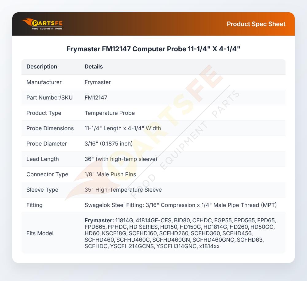 Frymaster FM12147 Fryer Computer Probe 11-1/4" X 4-1/4" 3/16" DIA 36" Leads W/1/8" Male Push Pin 35" HI-Temp Sleeve