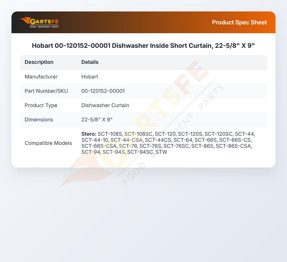 Hobart 00-120152-00001 Dishwasher Inside Short Curtain 22-5/8" X 9"