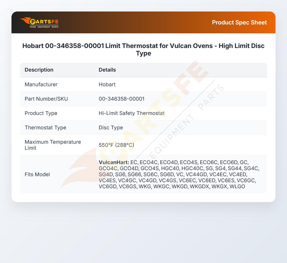 Hobart 00-346358-00001 Limit Thermostat for Vulcan Ovens - High Limit Disc Type
