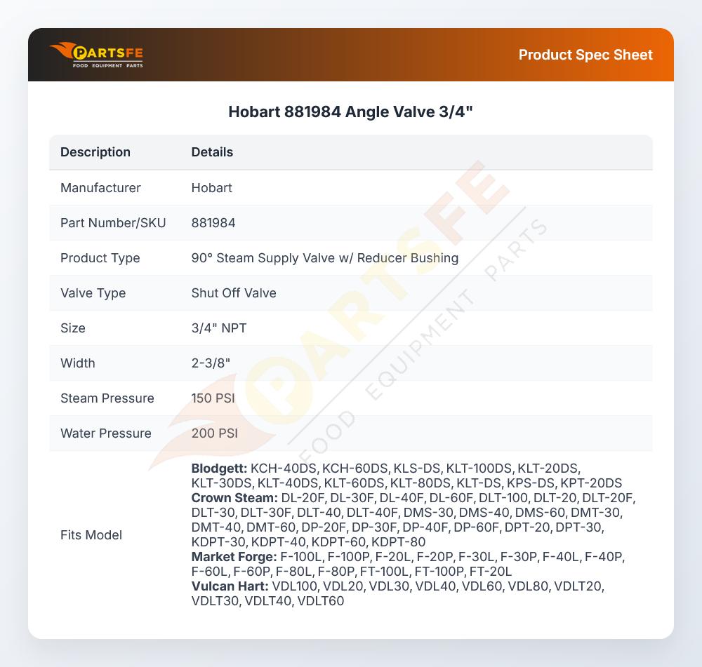 Hobart 881984 Angle Valve 3/4"
