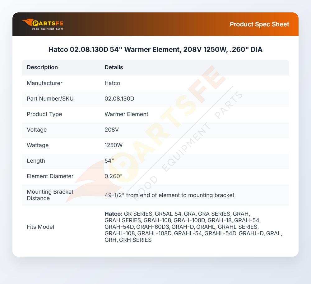 Hatco 02.08.130D 54" Warmer Element, 208V 1250W,  .260" DIA
